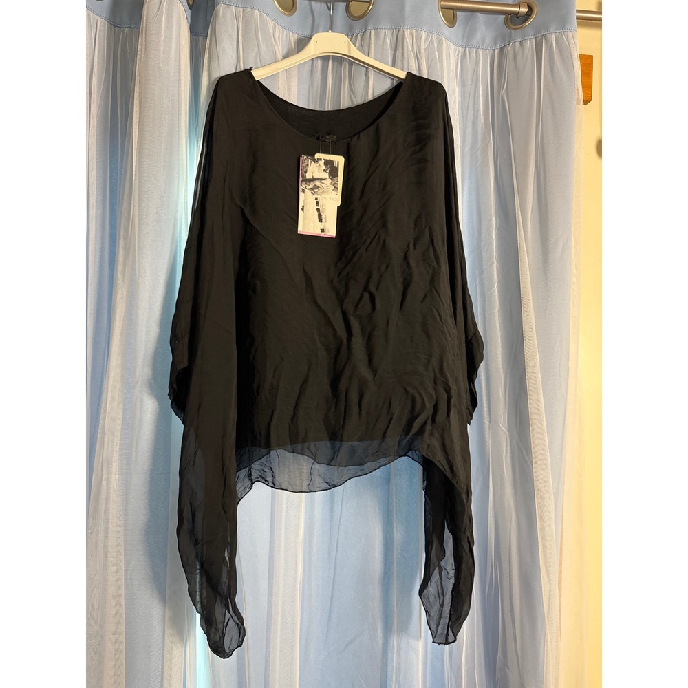 Lia Bella Poncho Top Womens One Size Black New Silk Blend Handkerchief Hem Italy